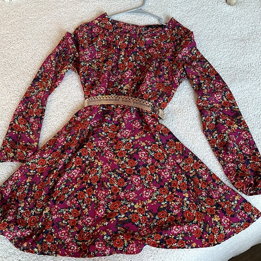 Forever 21 Floral Print Long Sleeve Mini Dress Sz M/L Pink Multicolor